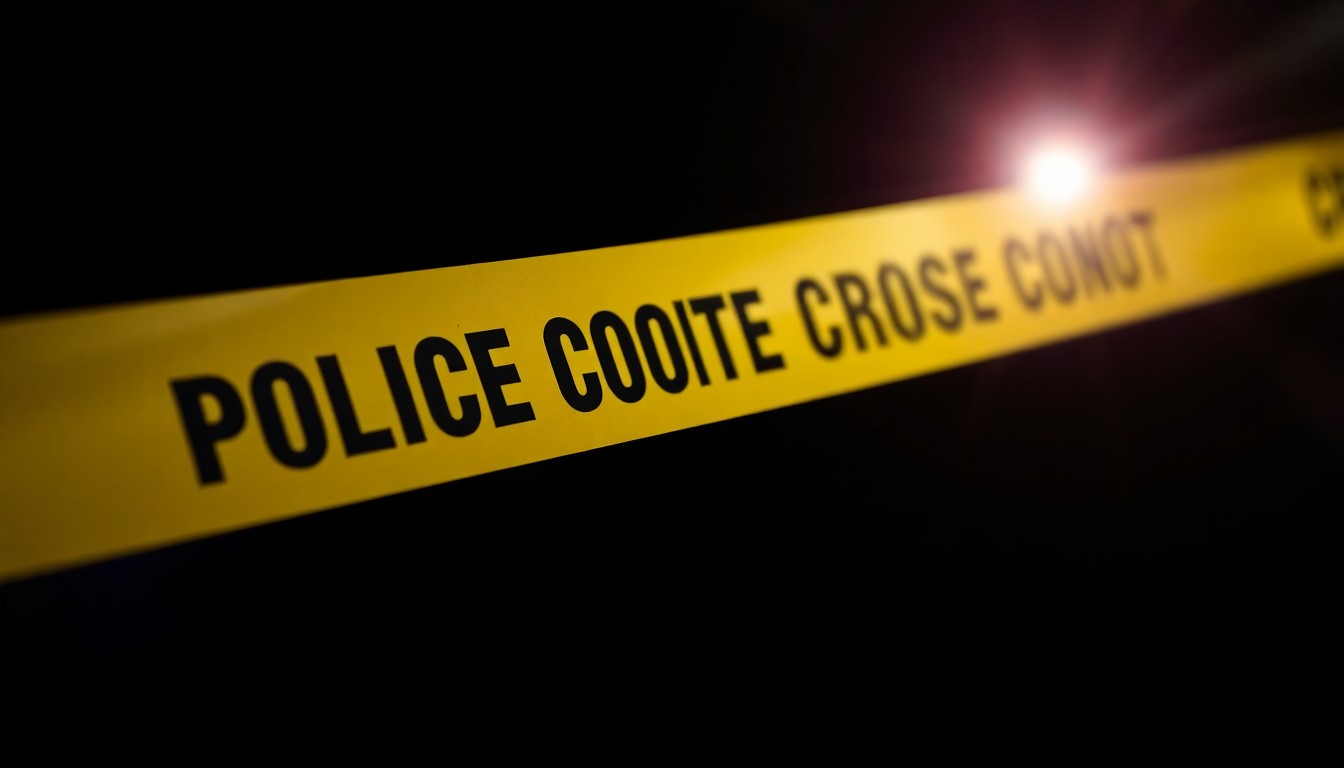 An extreme close-up of a police evidence marker or crime scene tape, dramatically lit by a harsh flash against a pitch-black background, conceptually representing the investigative work of the Kansas Bureau of Investigation.