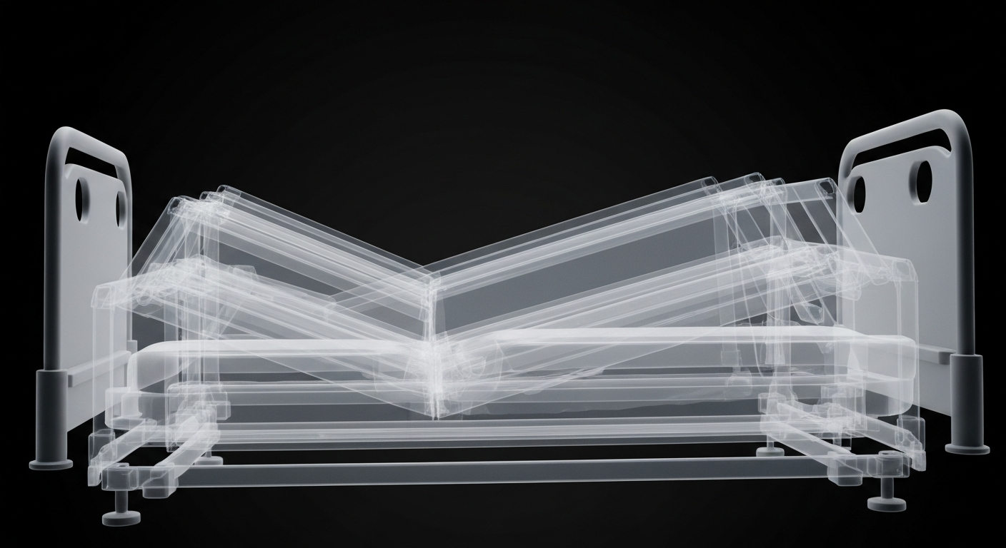 A ghostly, translucent X-ray image of a hospital bed, revealing its internal structures in a symbolic representation of the hidden abuses and neglect within the Eleanor Slater Hospital.