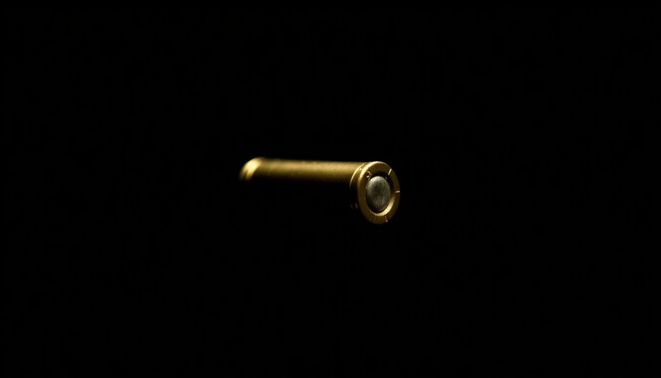 An extreme close-up photograph of a single bullet casing against a pitch-black background, the metallic surface reflecting a stark, dramatic lighting that creates a gritty, investigative aesthetic without any words or symbols.