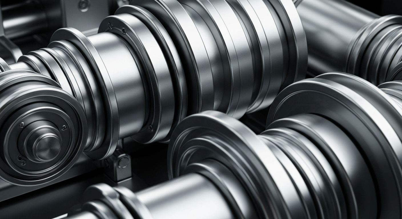 An extreme close-up of intricate, interlocking metal gears and levers, conveying the complex, industrial nature of the financial sector.