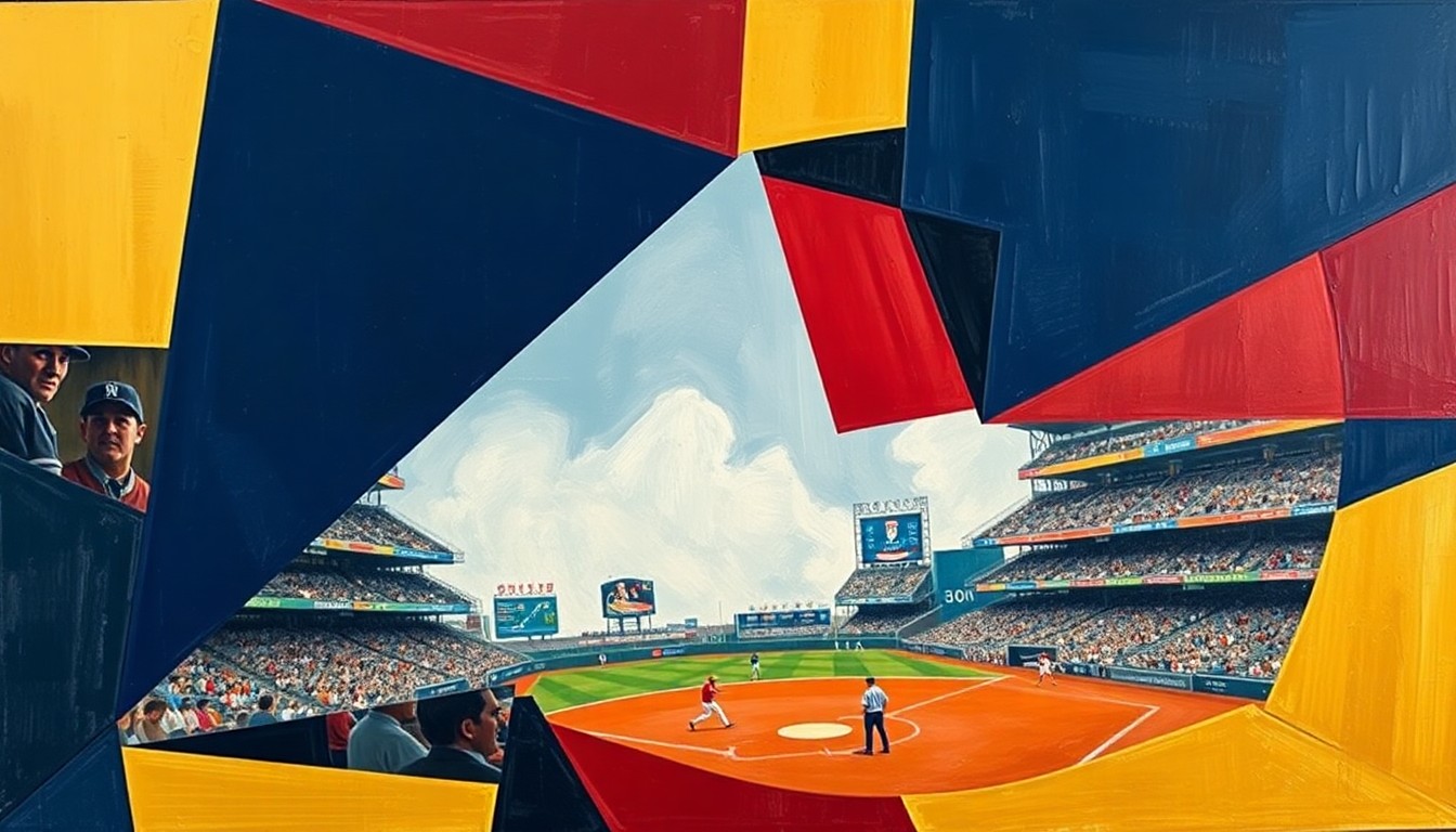 A cubist, geometric painting depicting a baseball game broken down into overlapping planes of navy blue, red, and gold, capturing the dynamic energy of the sport in an abstract, artistic style.
