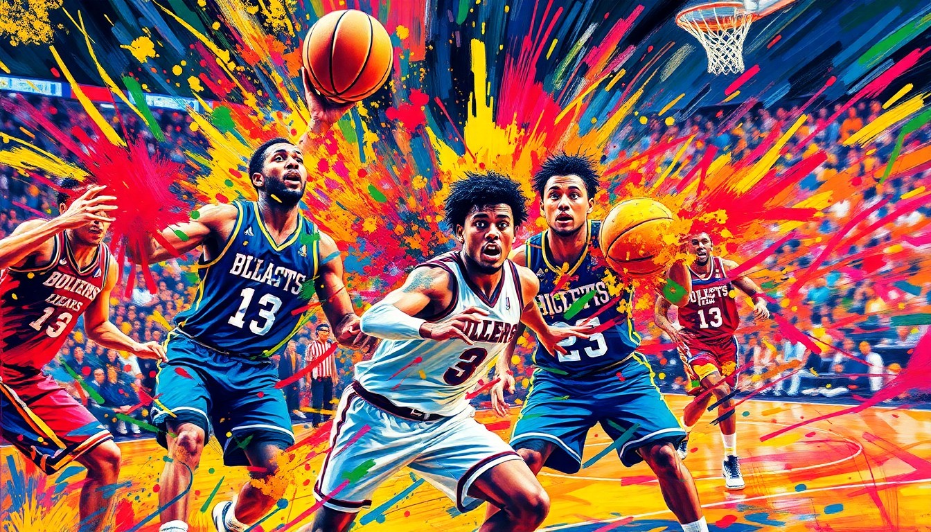 An abstract, expressionist painting featuring vibrant brushstrokes of neon colors, capturing the dynamic movement and energy of a college basketball game.