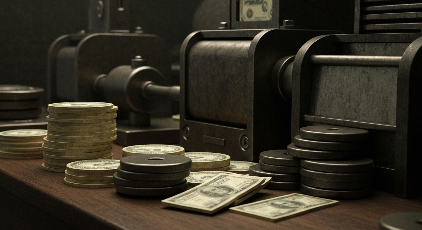 A dramatic close-up of gears, levers, and other industrial banking equipment, conveying the tangible, physical nature of the company's financial operations.