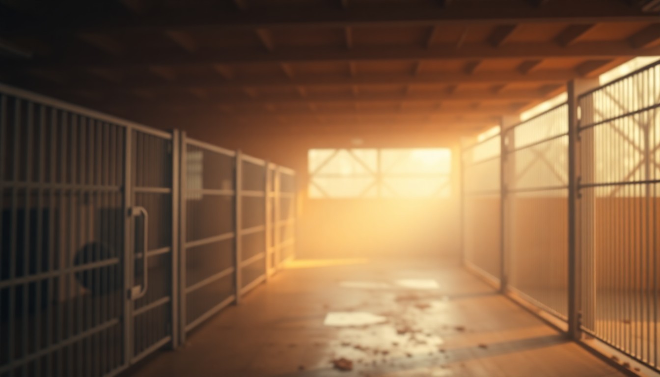 An abstract, blurred photograph of an empty animal kennel, with soft, warm light and color creating a melancholy, atmospheric mood that reflects the loss of the community's dedicated animal shelter.