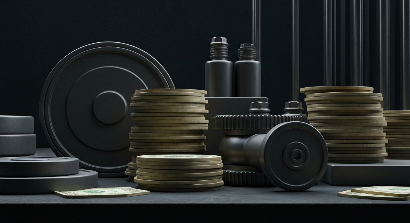 An extreme close-up of gears, levers, and other industrial components, conveying the intricate mechanics of the financial system in a visually striking, non-literal manner.
