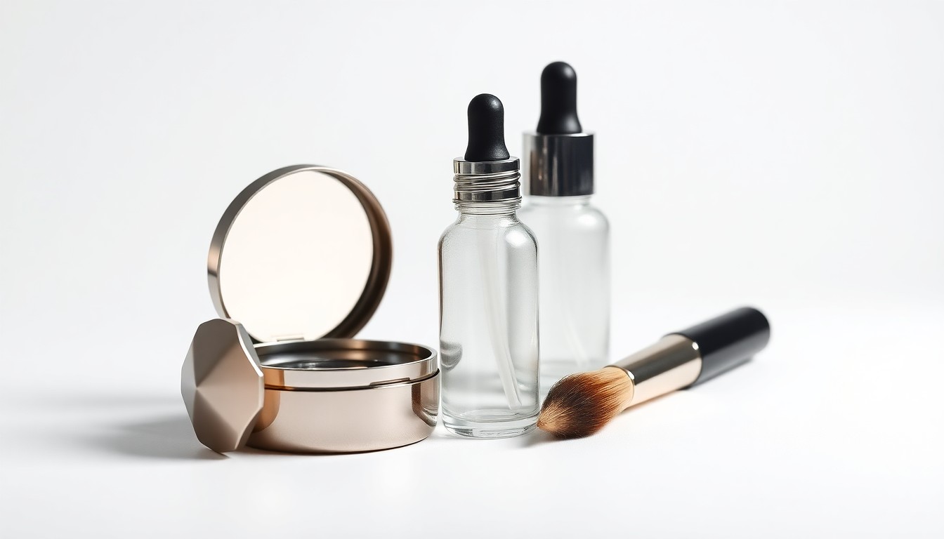 A photorealistic studio still life featuring a metal makeup compact, glass dropper bottle, and makeup brush elegantly arranged on a clean, monochromatic background, conceptually representing the cosmetics industry and corporate strategy.