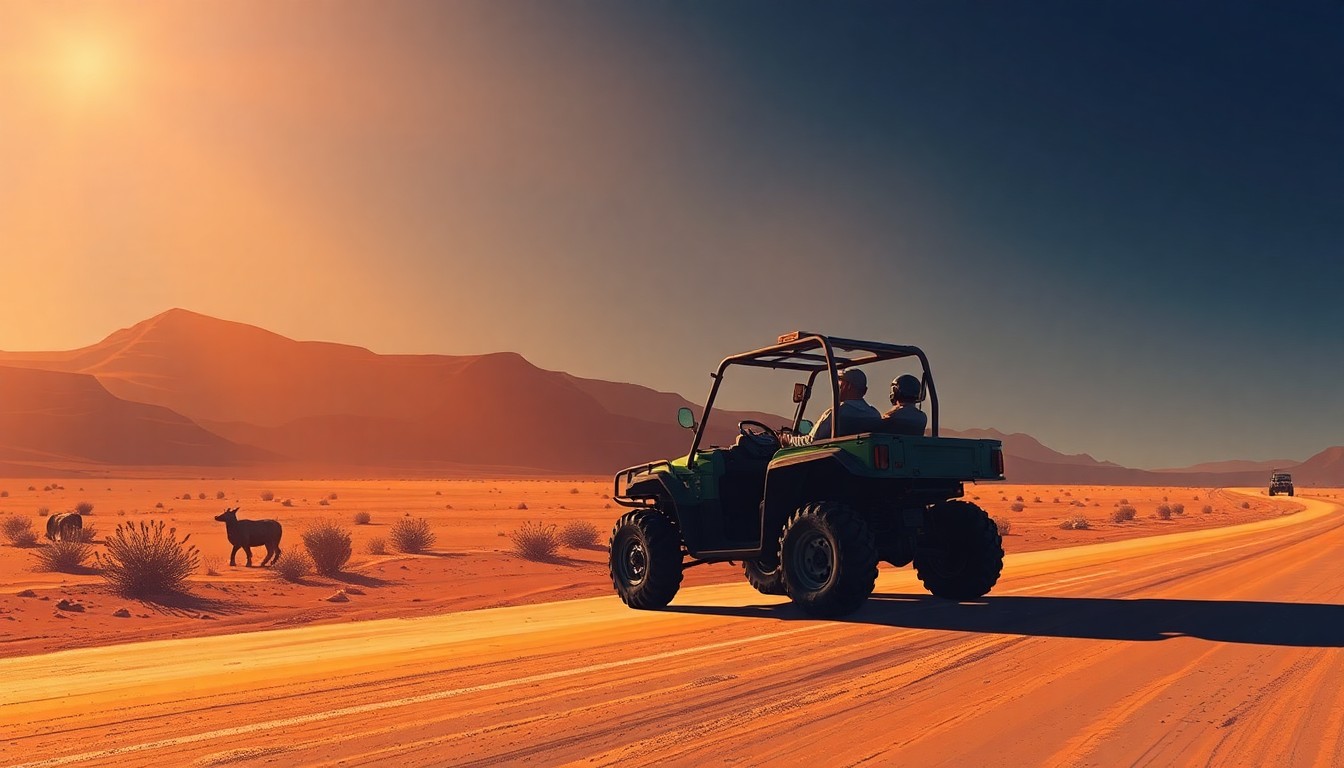 A serene, cinematic painting of a lone off-highway vehicle parked on a desert road, the vehicle's form and shadows creating a contemplative mood that reflects the complex issues surrounding OHV use in the region.