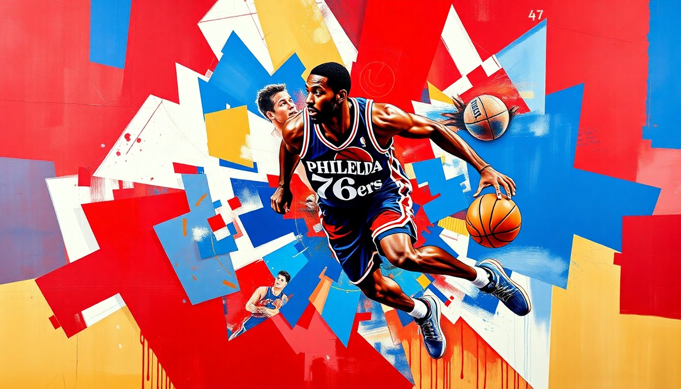 A fragmented, cubist-style painting depicting the energetic movements and athleticism of a basketball player, with sharp geometric shapes and planes in the colors of the Philadelphia 76ers team.
