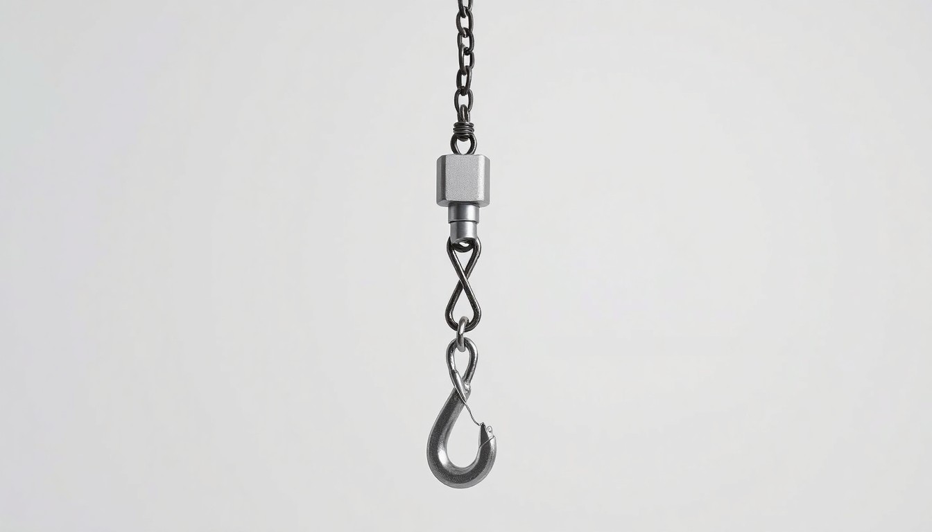 A close-up photograph of a polished, geometric metal crane hook suspended against a plain, monochromatic background, conveying the precision and strength of industrial lifting equipment.