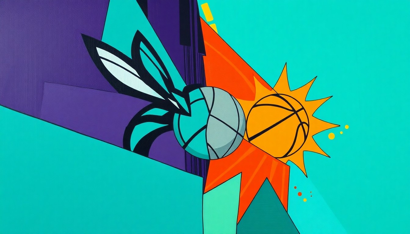 A cubist, geometric painting depicting a basketball game between the Charlotte Hornets and Phoenix Suns, with the players and court fragmented into sharp, overlapping shapes in the team's vibrant colors.