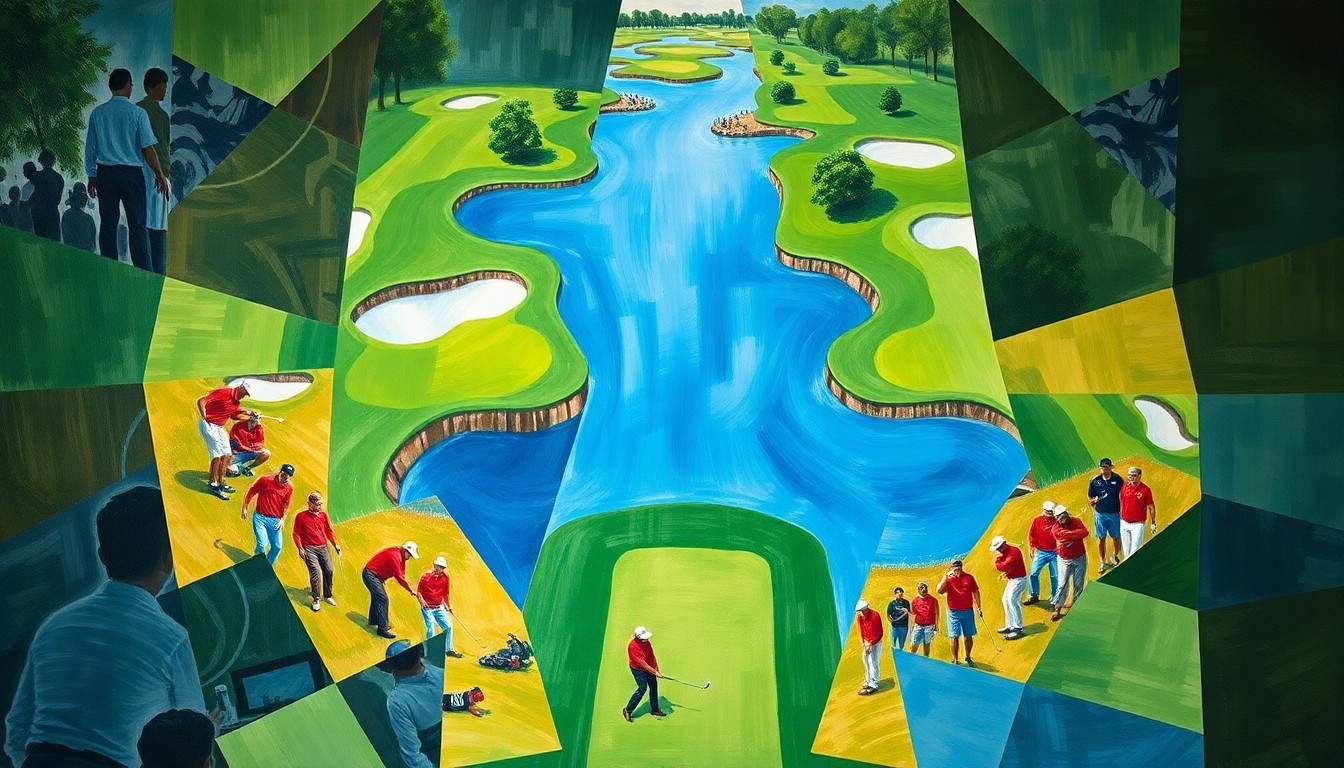 A fragmented, geometric painting depicting a Ryder Cup golf match, with sharp planes of green fairways, blue water, and red-uniformed players, conveying the competitive energy of the event.