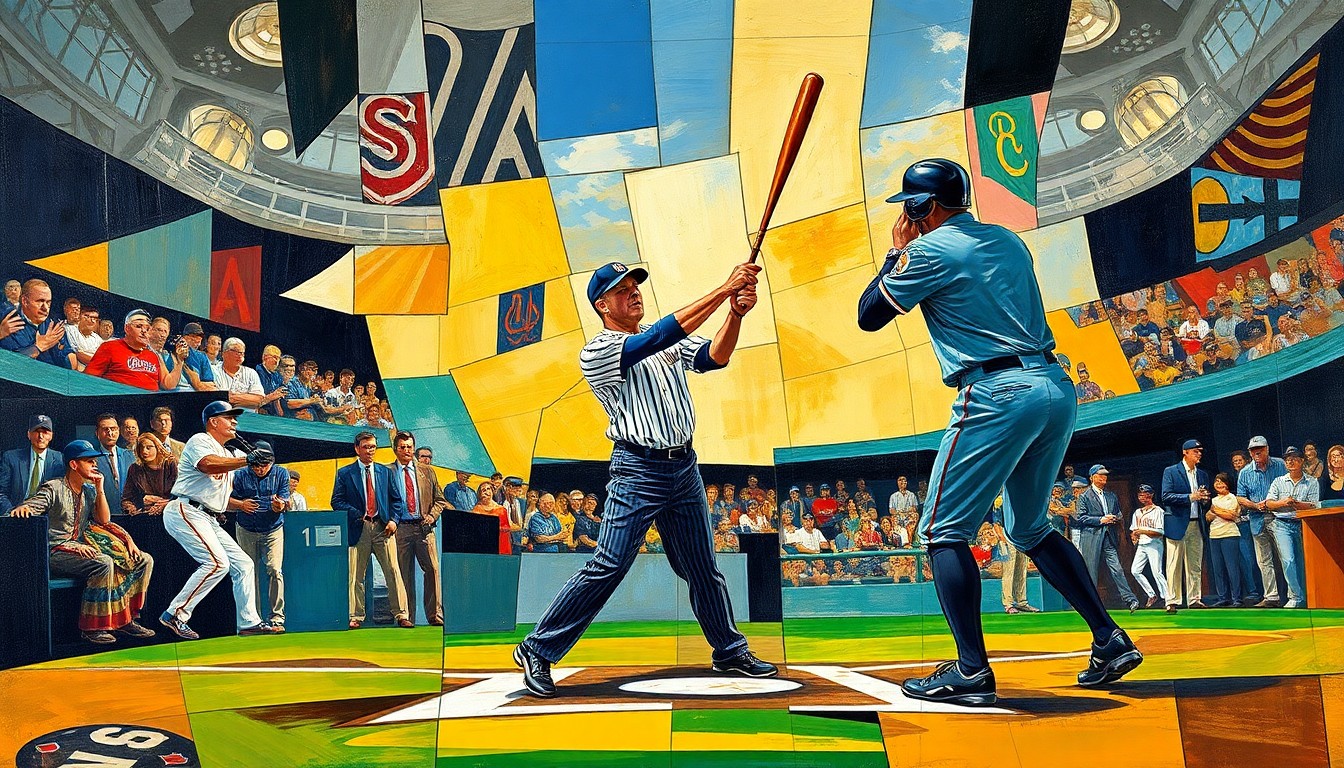 A cubist, geometric painting depicting a baseball umpire making a call at home plate, the scene fractured and abstracted into overlapping planes of color and shape, conveying the disruption and controversy surrounding umpiring in the modern game.