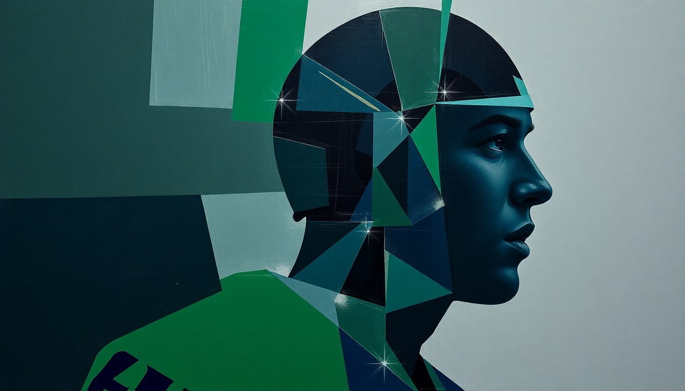A fragmented, cubist-style illustration depicting the silhouette of a football player broken down into sharp, angular geometric shapes in dark, muted colors, conveying a sense of the complex emotional and mental challenges faced by student-athletes.