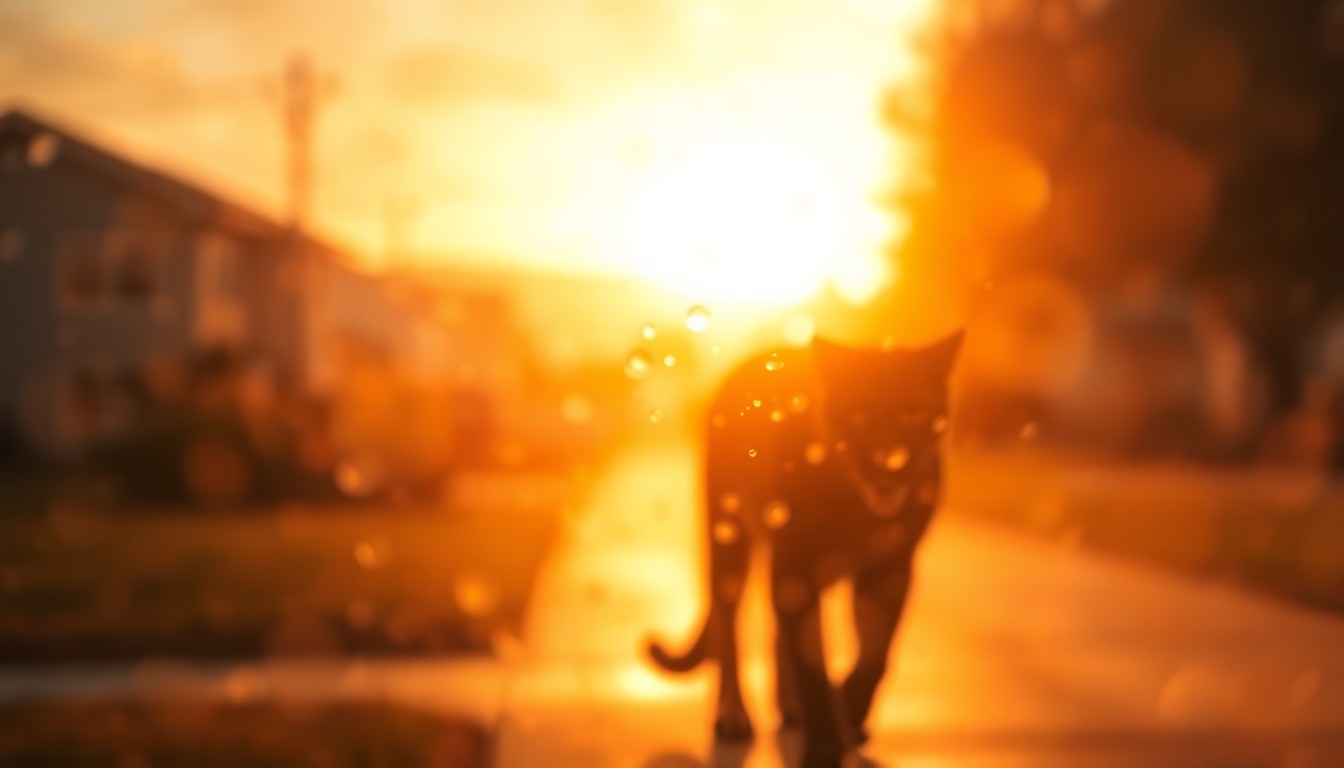 An abstract, impressionistic photograph showing the blurred outline of a mountain lion moving through a hazy, out-of-focus suburban landscape, conveying a sense of unease and the intrusion of nature into an urban setting.