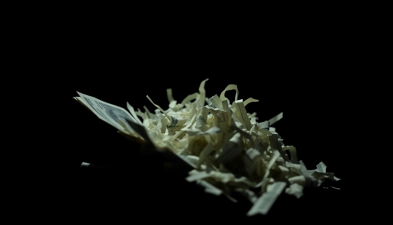 An extreme close-up photograph of crumpled cash and shredded financial documents, dramatically lit by a harsh camera flash against a black background, conceptually representing the alleged misuse of public money.