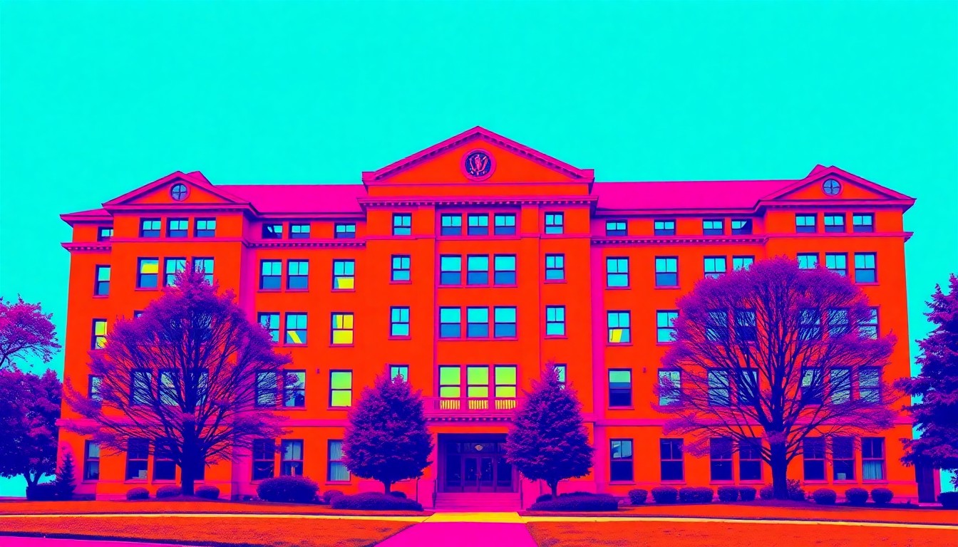 A silkscreen-style illustration featuring a repeated image of a university campus building in bold, neon colors, conceptually representing the conflict and activism surrounding the faculty strike at UIS.