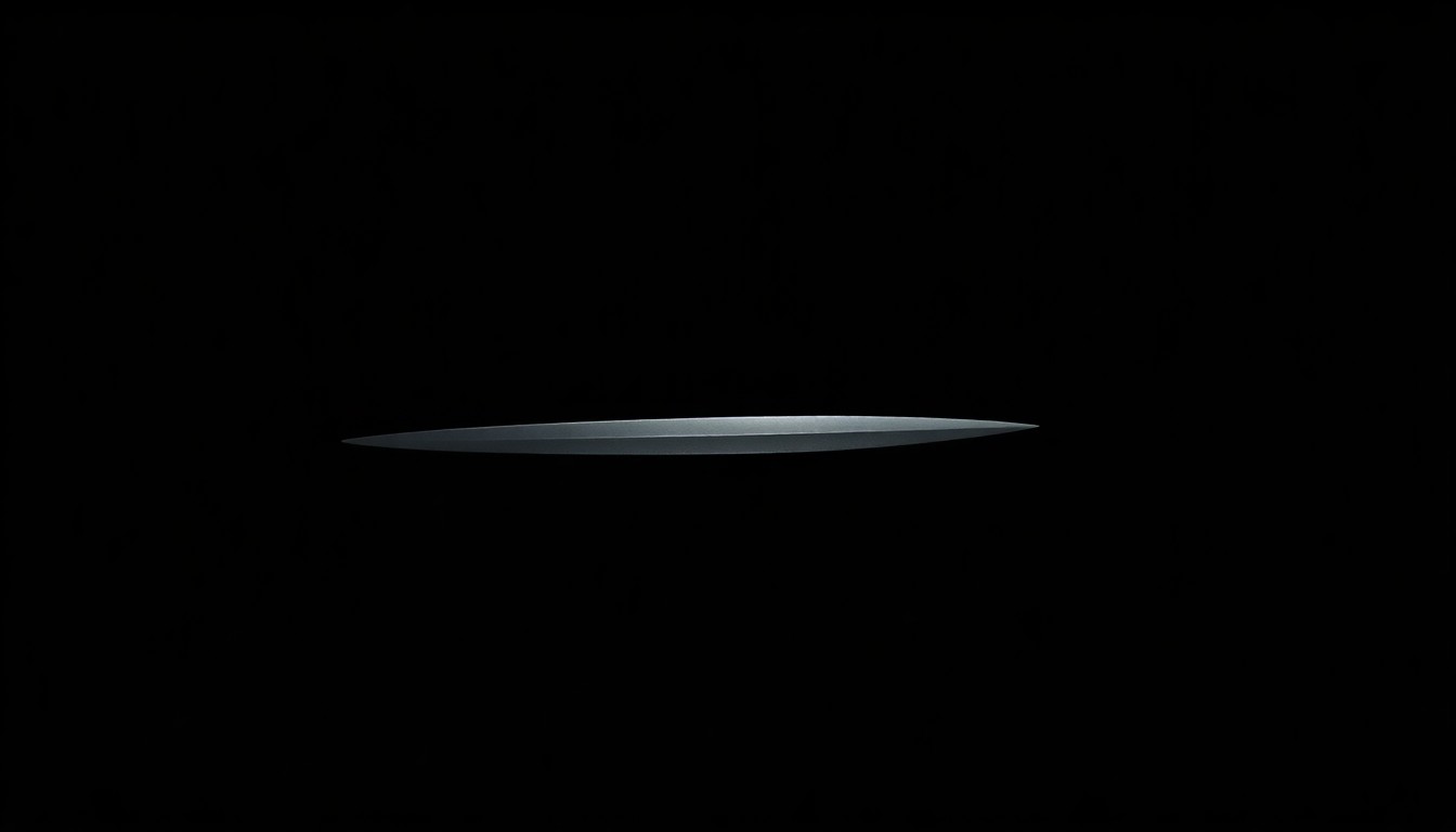 An extreme close-up photograph of a sharp dagger or blade against a pitch-black background, lit by a harsh, direct camera flash, conceptually representing the dangerous nature of online threats.