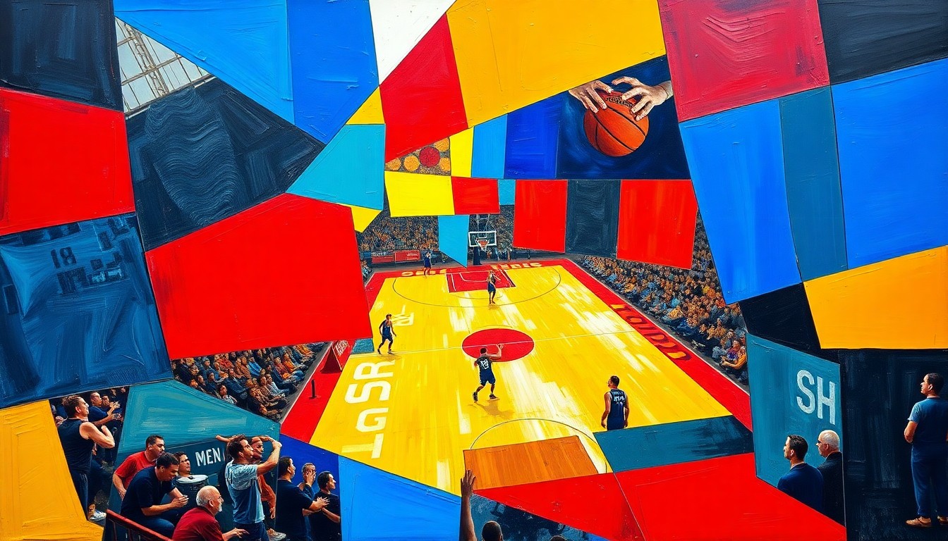 A cubist, geometric painting depicting a basketball game or match, with sharp, overlapping planes of color representing the dynamic action on the court.