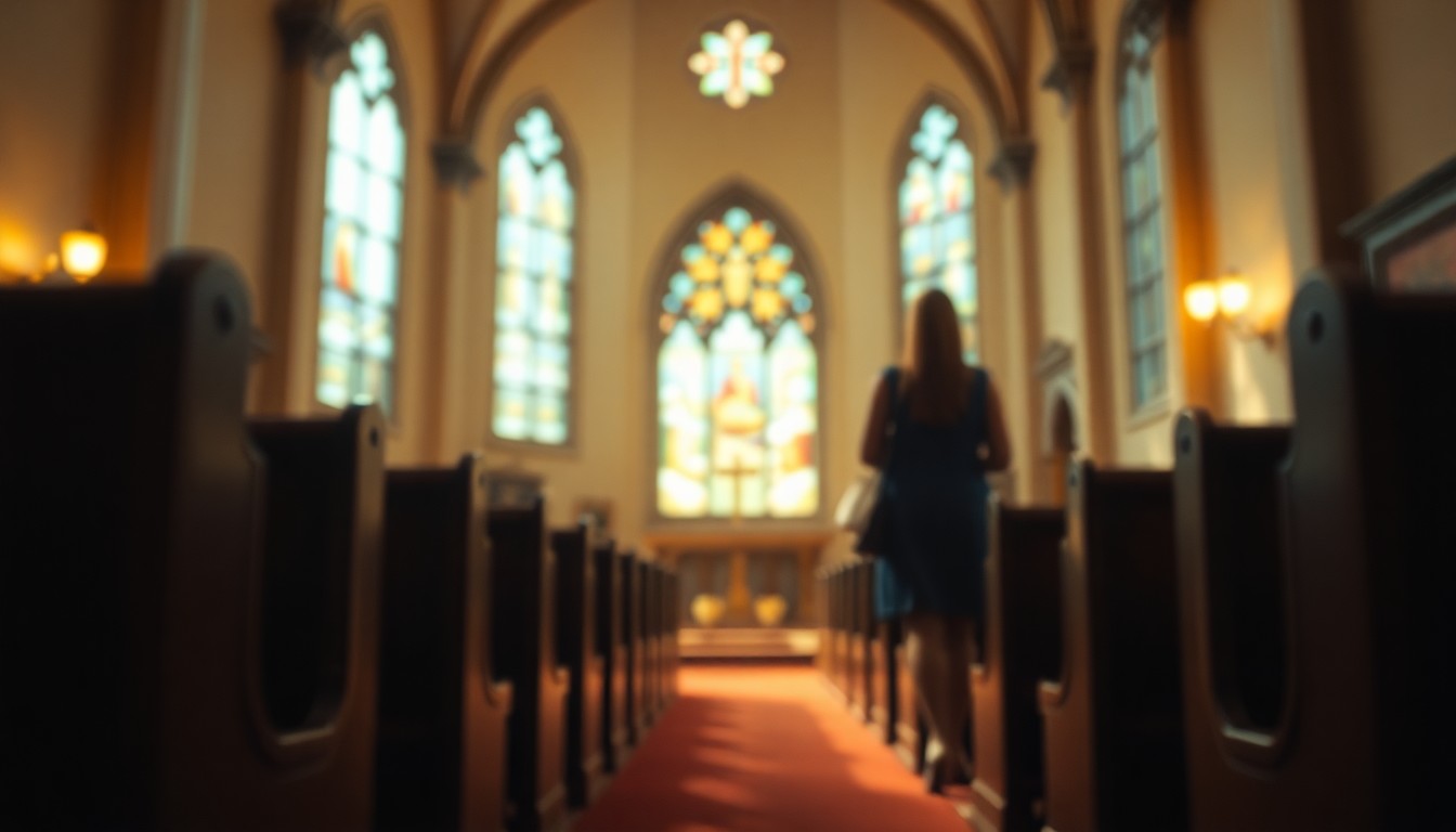 An abstracted, out-of-focus photograph in soft, warm tones depicting the interior of a church, with blurred pews and stained glass windows, conveying a sense of reverence and community.