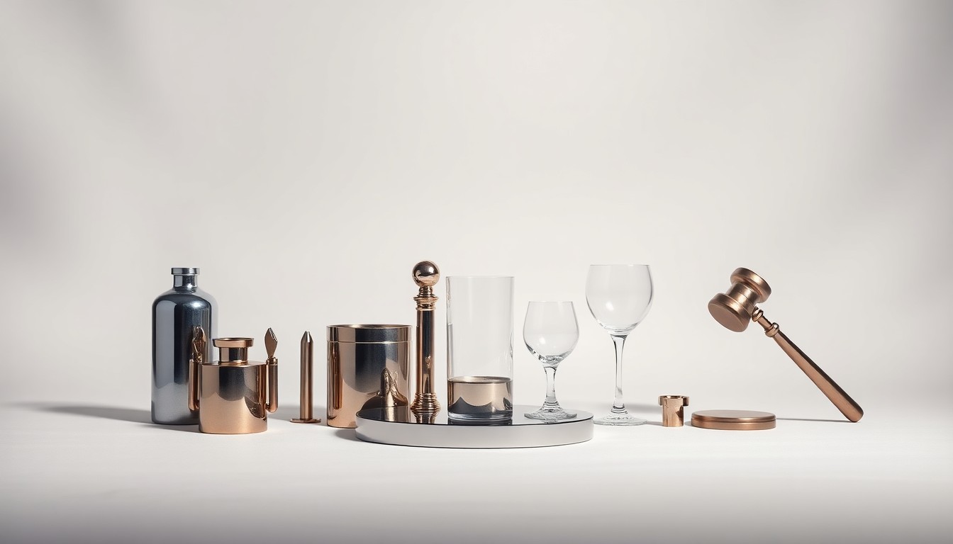 A photorealistic studio still life featuring a collection of polished metal and glass objects arranged elegantly on a clean, monochromatic background, conceptually representing the abstract corporate strategy and legal issues facing Camping World.