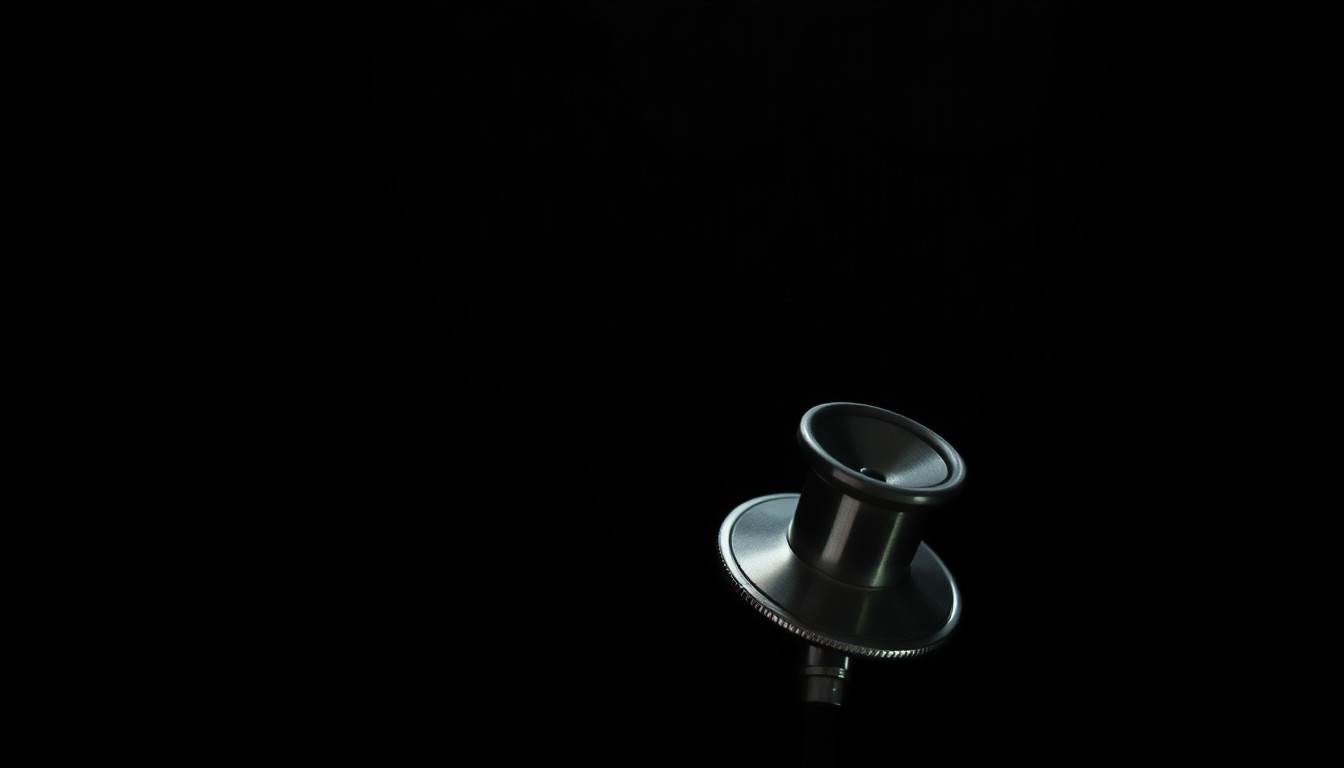 An extreme close-up photograph of a stethoscope against a pitch-black background, lit by a harsh, direct camera flash. The dramatic lighting and stark contrast create a gritty, investigative aesthetic, conceptually representing the fraud investigation.