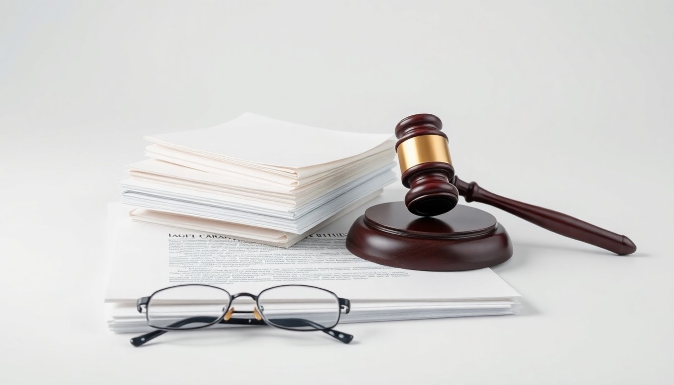 A minimalist, high-contrast studio photograph featuring a stack of legal documents, a wooden gavel, and a pair of reading glasses arranged on a plain white background, conceptually representing the resolution of corporate legal matters.