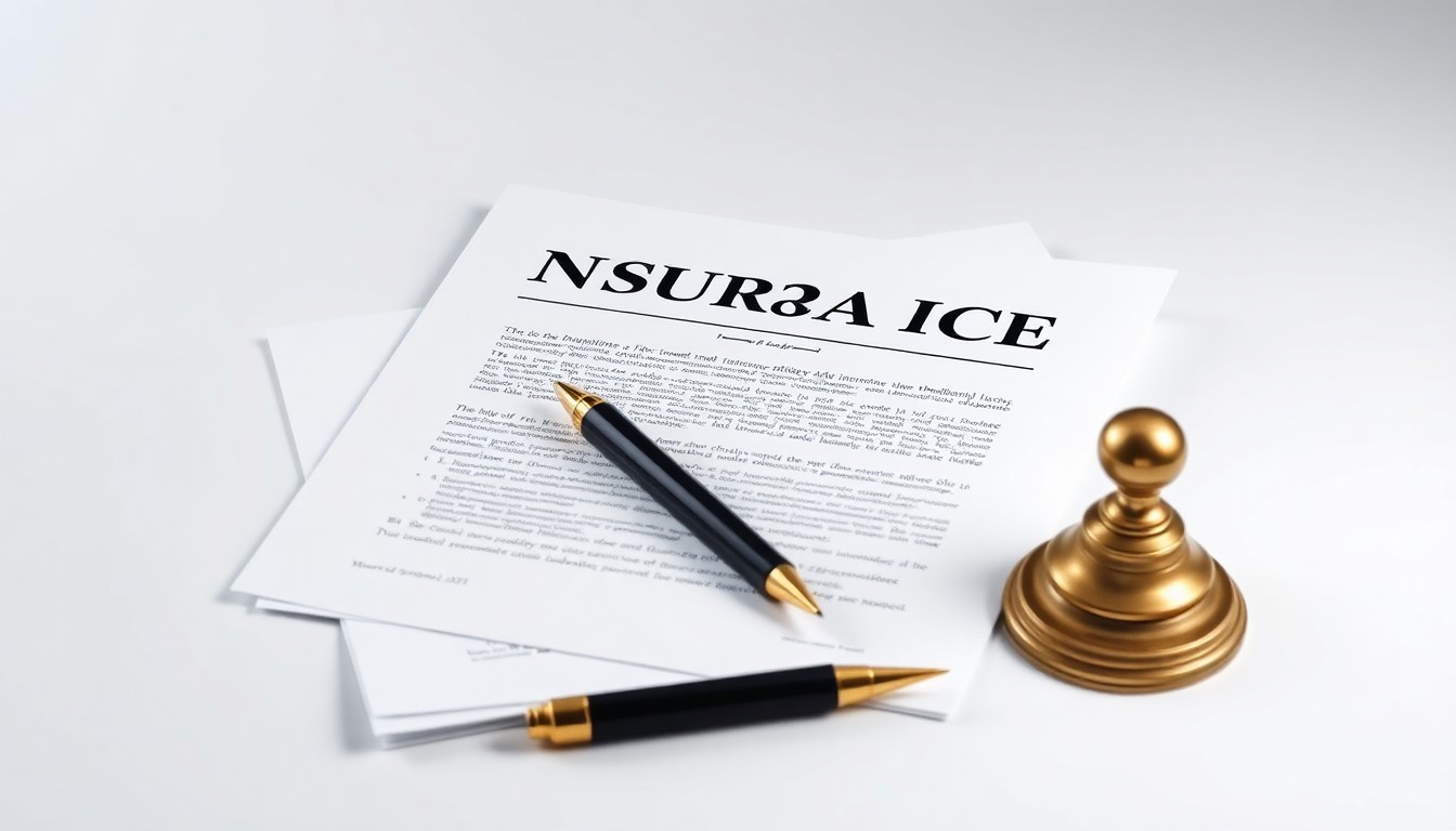 A minimalist, photorealistic studio still life featuring a stack of insurance policy documents, a pen, and a brass paperweight, symbolizing the professional liability insurance industry.