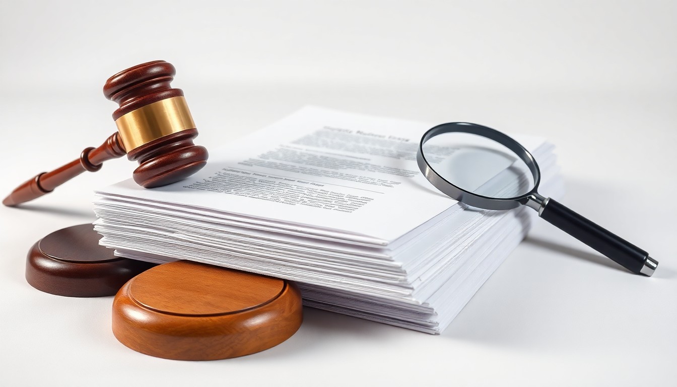 A minimalist studio still life photograph featuring a stack of legal documents, a gavel, and a magnifying glass arranged on a clean white background, conceptually representing the abstract ideas of corporate governance and investor rights.