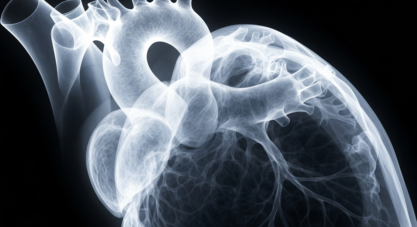 An extreme close-up X-ray image revealing the intricate internal structure of a human heart, with ghostly glowing lines and shapes against a dark background, conceptually representing the delicate nature of life and the importance of compassionate end-of-life care.