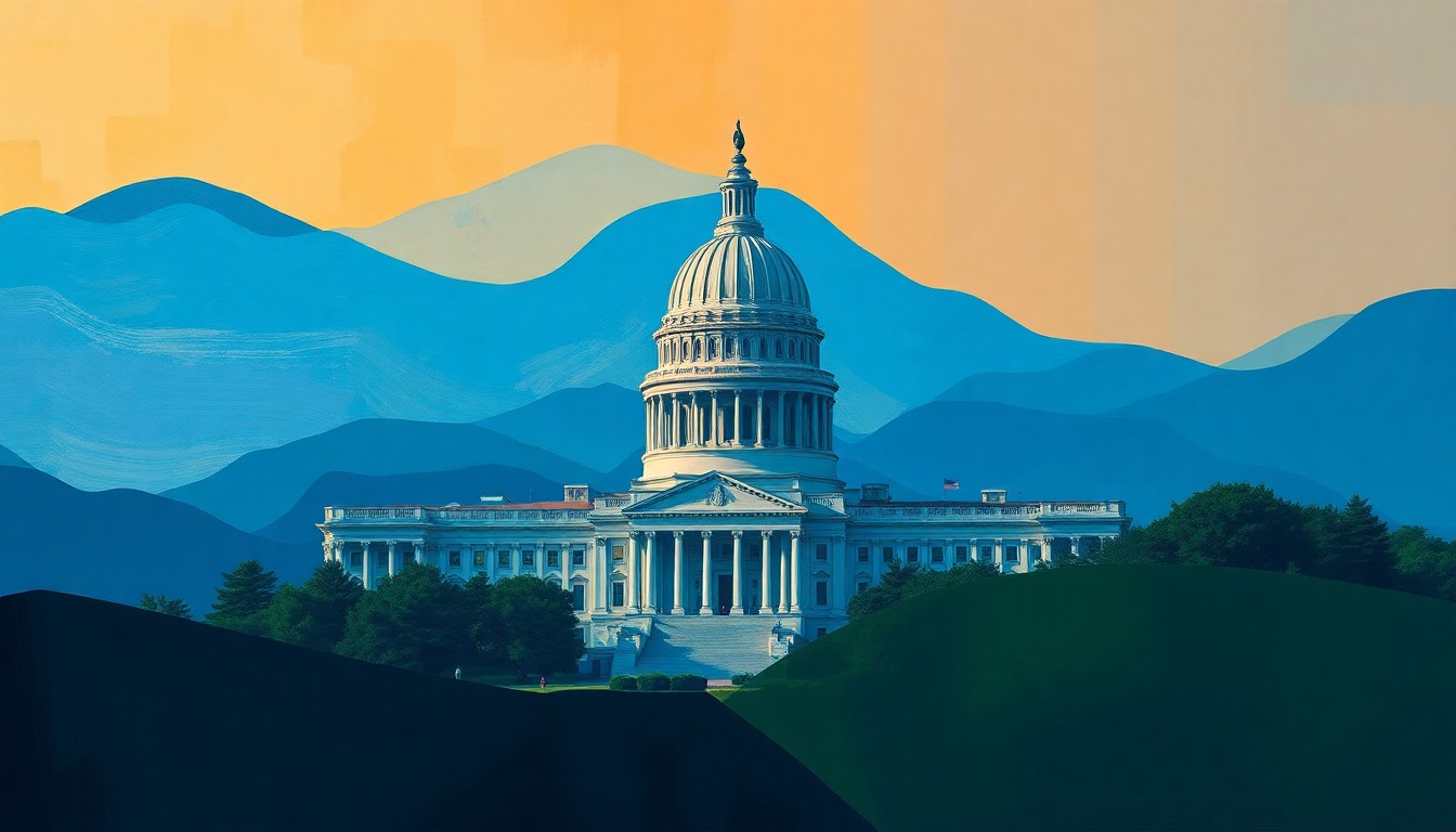 An abstract, fragmented painting featuring the geometric shapes and overlapping colors of a state capitol building, conveying a sense of political change and uncertainty.