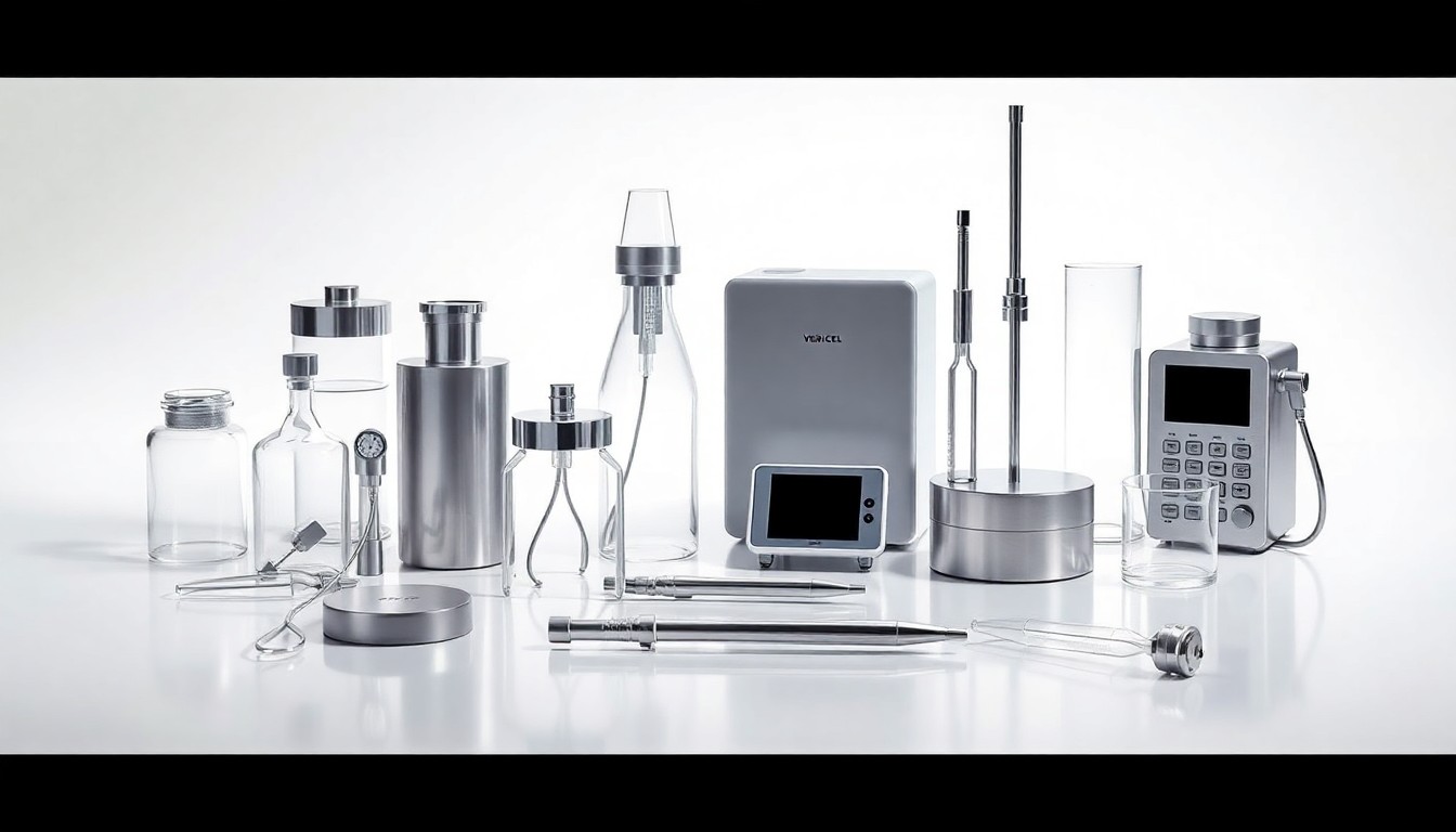 A photorealistic studio still life featuring a group of sleek, geometric medical devices and laboratory equipment arranged in an elegant, minimalist composition on a stark white background, symbolizing the advanced science and technology behind Vericel's cell therapy innovations.