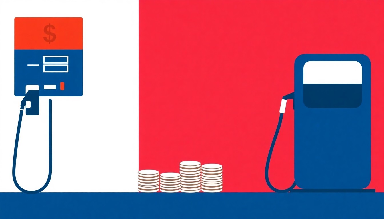 A vibrant, abstract composition of overlapping triangles and circles in shades of red, blue, and yellow, conceptually representing the rising cost of gasoline.