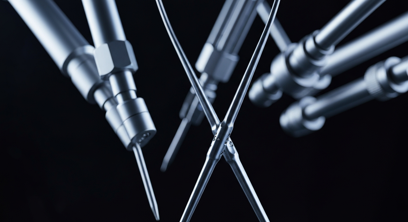 An extreme close-up of various metal and plastic components of medical equipment, such as surgical tools, sensors, and robotic arms, dramatically lit against a dark background to convey the technological sophistication of the industry.