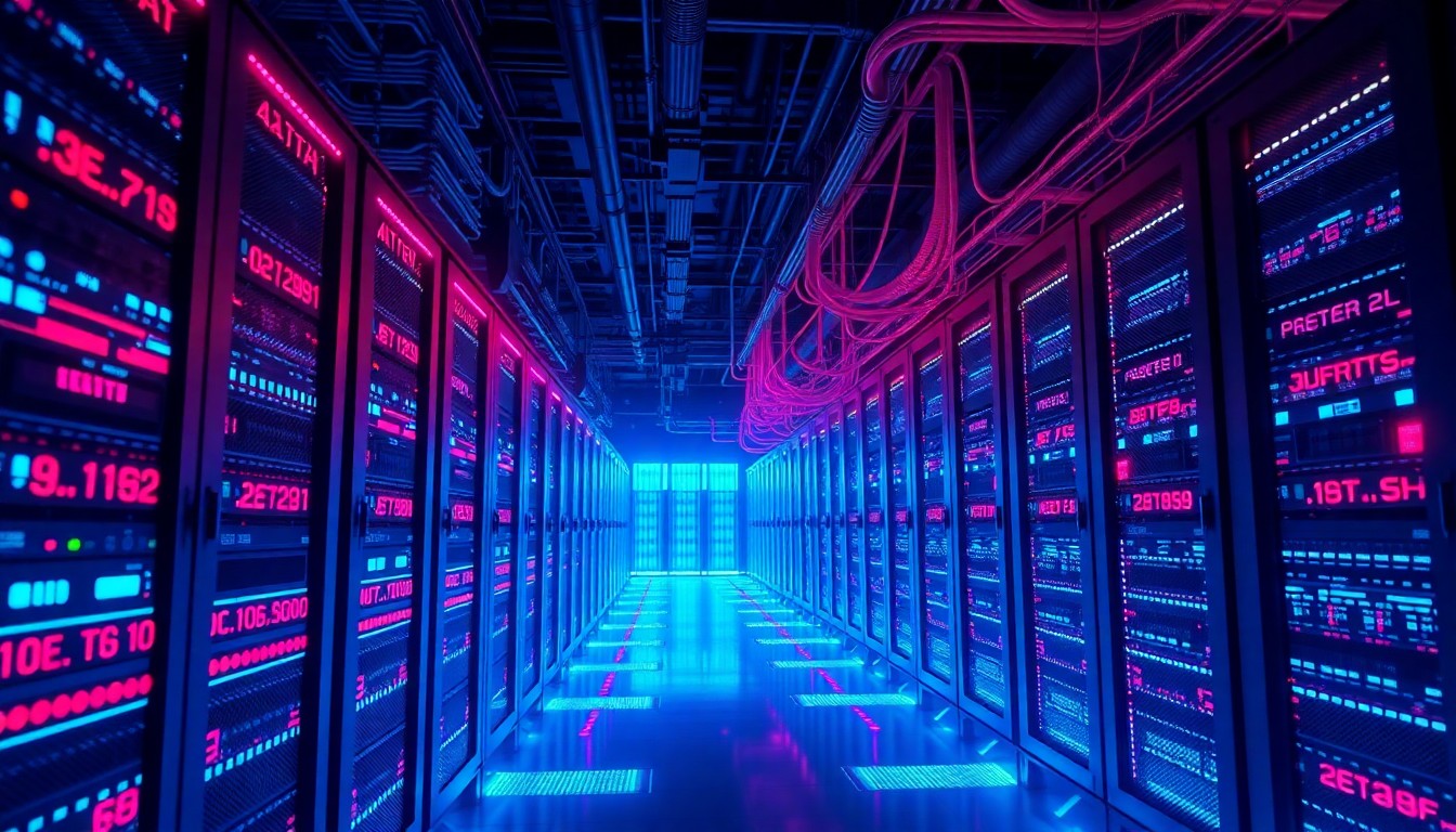 A highly detailed, glowing 3D illustration of a futuristic data center with illuminated server racks, fiber optic cables, and pulsing digital infrastructure, conveying the power and complexity of cloud-based data and AI services.