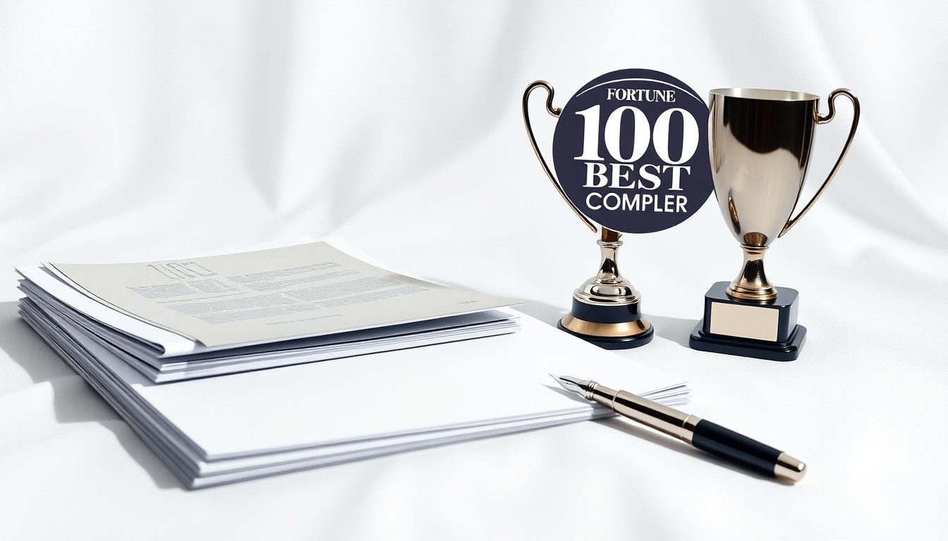 A high-end studio still life featuring a stack of glossy business reports, a sleek metal trophy, and a polished fountain pen arranged elegantly on a clean white background, conceptually representing the prestige and success of Credit Acceptance's recognition as one of the top companies to work for.