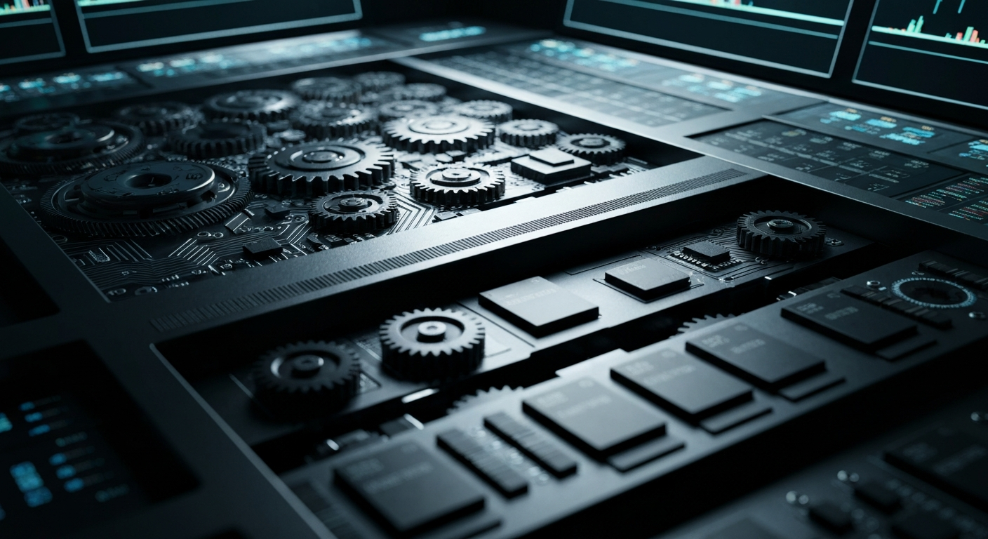 A dramatic close-up of the intricate inner workings of a high-tech financial trading terminal, with gears, circuits, and screens illuminated in a chiaroscuro lighting style, conceptually representing the institutional power and security of the banking industry.
