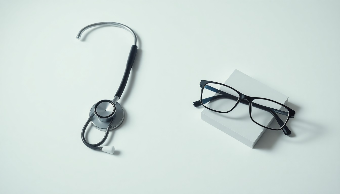 A high-end, photorealistic studio still-life photograph featuring a stethoscope, a pen, and a pair of eyeglasses arranged elegantly on a clean, monochromatic background, representing the abstract concepts of professional liability and specialized healthcare coverage.