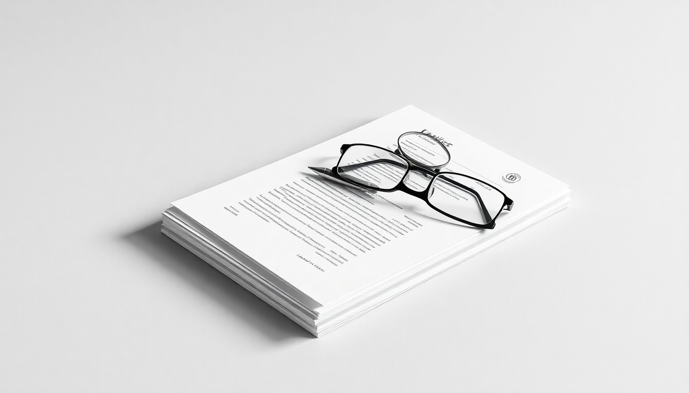 A minimalist studio still life photograph featuring a stack of legal documents, a silver pen, and a pair of eyeglasses arranged elegantly on a clean, monochromatic background, symbolizing the abstract concepts of corporate strategy and law.