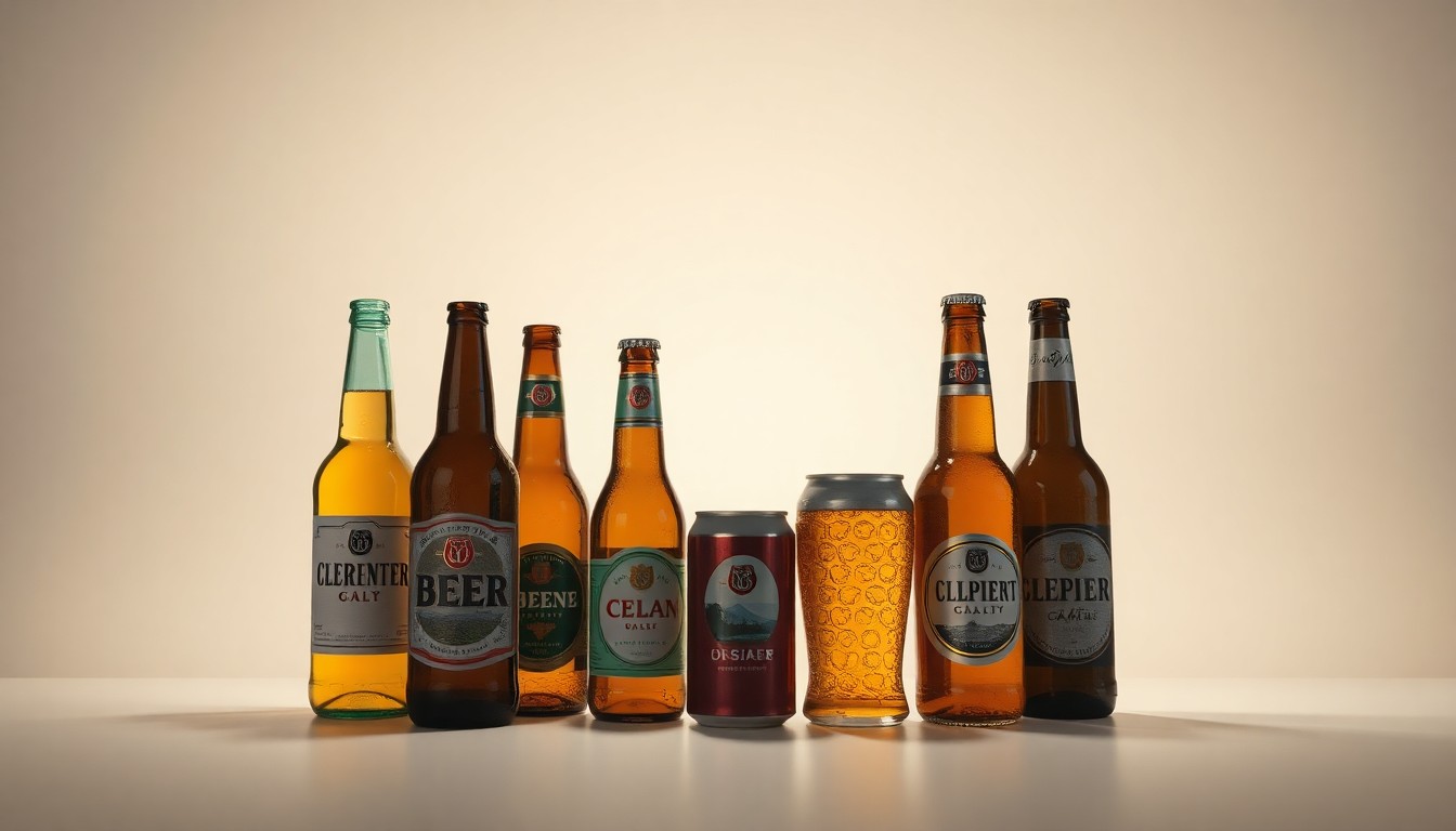 A photorealistic studio still life featuring a group of premium beer bottles and cans arranged elegantly on a clean, monochromatic background with sharp, dramatic lighting and deep shadows, conceptually representing abstract corporate strategy and market trends within the beer industry.