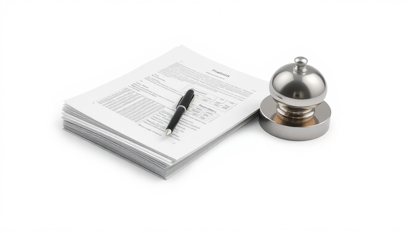 A minimalist studio photograph featuring a stack of financial documents, a pen, and a polished metal paperweight, symbolizing the precision and professionalism of corporate banking.