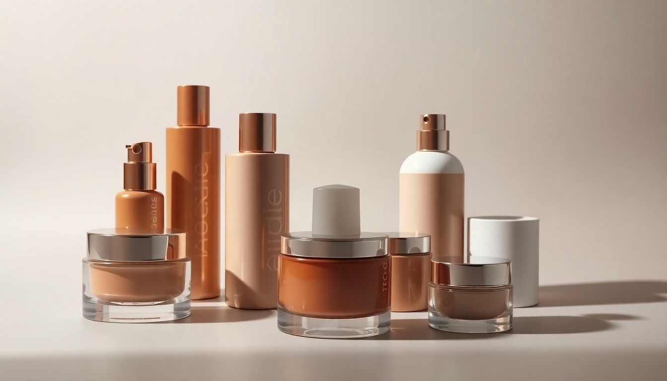 A photorealistic studio still-life featuring a collection of premium, polished cosmetic bottles and jars in muted earth tones and metallics, arranged elegantly on a clean, monochromatic background and dramatically lit to conceptually represent the abstract issues of corporate strategy and finance in the beauty industry.