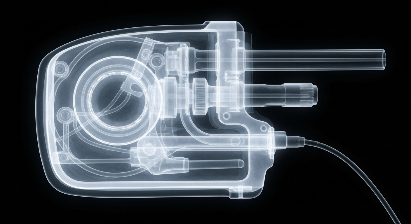 A translucent, X-ray-like image of a complex medical device, its internal components and structure revealed in a ghostly, glowing display against a dark background, conceptually illustrating the innovative technologies presented at the healthcare industry event.