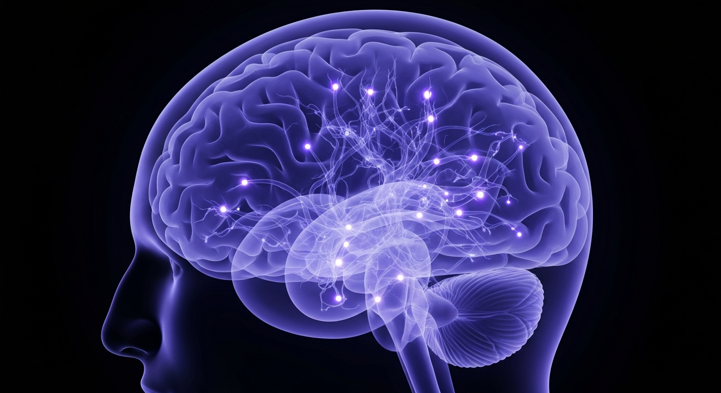 A translucent X-ray photograph revealing the intricate structure of the human brain, with glowing neural pathways and synapses, conceptually representing the importance of mental health and the need for accessible care.