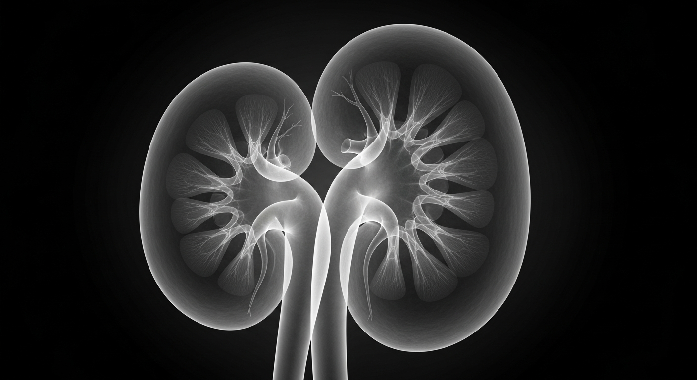 A ghostly, translucent X-ray photograph of a human kidney, revealing its intricate network of veins and arteries against a dark background, conceptually illustrating the importance of early detection and management of chronic kidney disease.