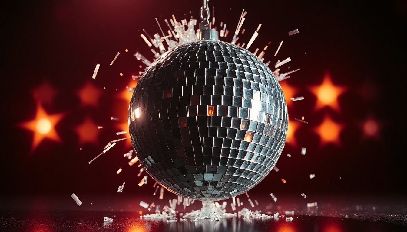 An extreme close-up photograph of a shattered disco ball reflecting bright, colorful lights, conveying the glitzy, high-fashion aesthetic of the music industry in an abstract, conceptual way.