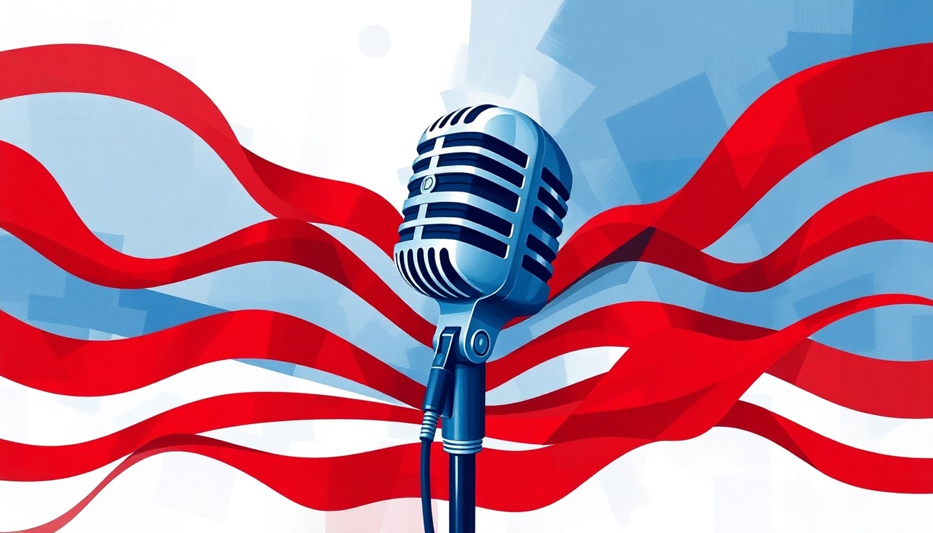 A dynamic, abstract painting featuring a fractured, overlapping microphone and speaker in a palette of red, white, and blue, conveying the tension between political rhetoric and artistic expression.