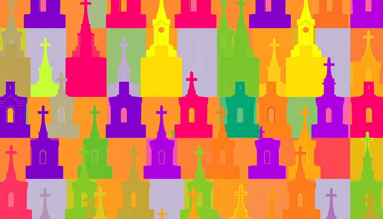 A boldly colored, abstract silkscreen print featuring a repeated church steeple icon in a grid pattern, conceptually representing the transition and evolution of a long-standing religious institution.