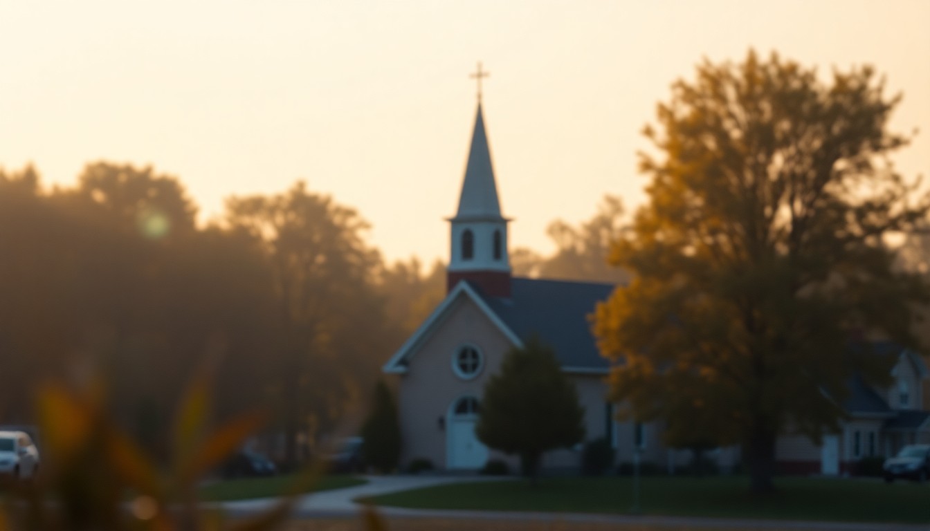 An extremely abstracted, out-of-focus photograph of a church steeple and surrounding trees, with the scene blurred into soft, warm pools of color and light, conveying a sense of reverence and community.