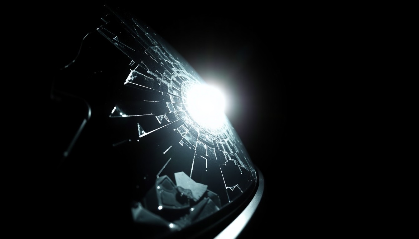 An extreme close-up photograph of a shattered car windshield, capturing the dramatic texture and lighting to conceptually illustrate the aftermath of a serious vehicle accident.