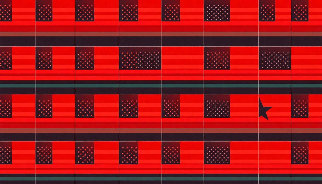 A brightly colored, high-contrast silkscreen print of an American flag icon repeated in a tight grid pattern, utilizing flat, vibrant, and unnatural neon color palettes overlapping with heavy black photographic outlines to turn the iconic symbol into modern pop art.